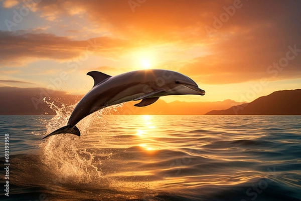 Obraz Dolphin jumping out of the ocean at sunset background
