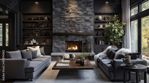 Fototapeta A well-balanced living room with a gray sofa set against the warmth of dark hardwood floors, 