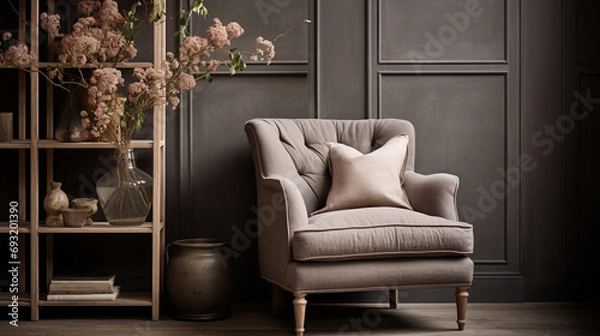 Fototapeta Timeless elegance captured in a classic armchair within a well-appointed interior, featuring ample copy space for a graceful and sophisticated look.