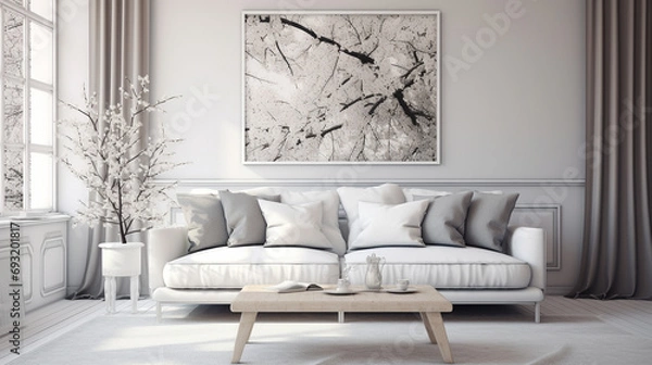 Fototapeta High-quality photo capturing the serene allure of a white living room, featuring a comfortable grey sofa and matching pillows.