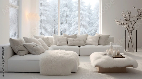 Fototapeta Inviting grey sofa surrounded by fluffy pillows in a pristine white living room.