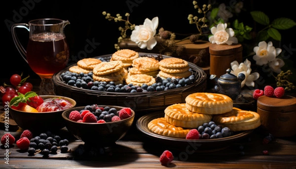 Fototapeta Desserts for chinese new year premium photo A table topped with plates of fruit and pastries