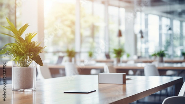 Fototapeta Beautiful blurred background of a light-filled modern office interior, featuring sleek furniture and subtle decor, creating a serene and professional workspace.
