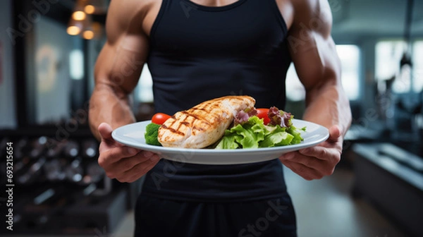Fototapeta A muscular man in a gym environment holds a plate of healthy grilled chicken salad, exemplifying a nutritious post-workout meal