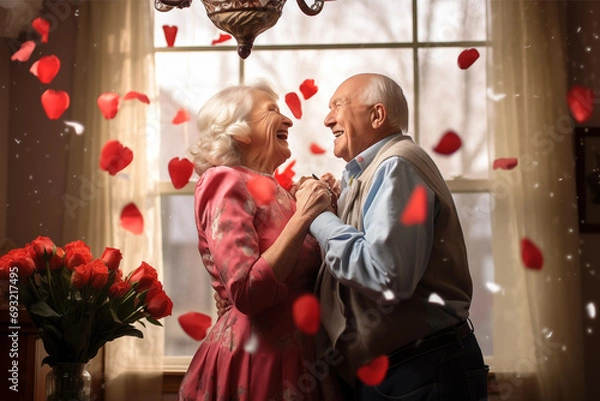 Obraz Senior man with wife with hearts, celebrating valentines day