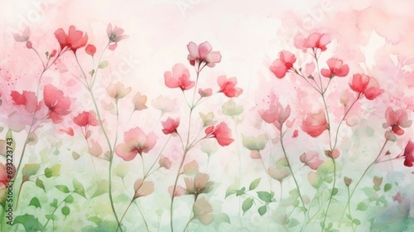 Fototapeta  a painting of pink flowers with green leaves on a pink and green background with a pink sky in the background and green leaves on the bottom right side of the image.