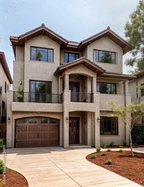 Fototapeta A Contemporary Dwelling with Stylish Architecture, Beautiful Exterior Design, and a Serene Garden Setting. Perfect Family Home in a Residential Neighborhood, Featuring Thoughtful Construction