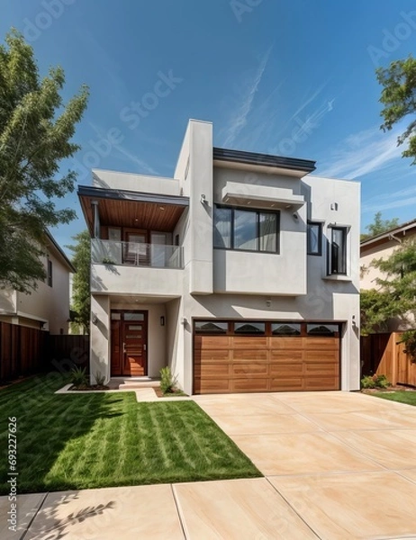 Fototapeta A Contemporary Dwelling with Stylish Architecture, Beautiful Exterior Design, and a Serene Garden Setting. Perfect Family Home in a Residential Neighborhood, Featuring Thoughtful Construction