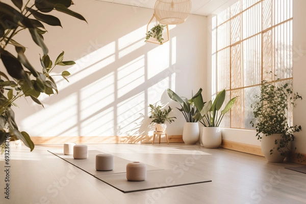 Fototapeta Yoga Class Group Studio Session on Boho Minimalist Background, for Wellness Fitness Self Care Space, Minimal Aesthetic, Dappled Light, Large Window