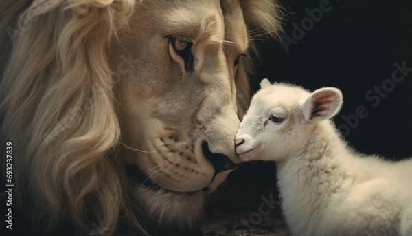 Fototapeta The Lion of Judah and the Lamb of God. Bible's description of the coming of Jesus Christ. AI-generated image	