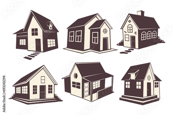 Fototapeta Black House Silhouette Set Collection, vintage house and building real estate architecture, cottage, apartment construction, vector illustration