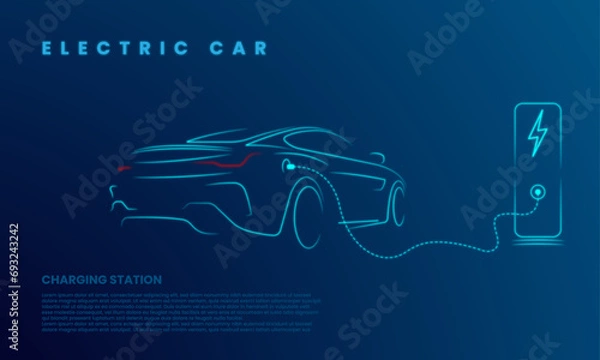 Obraz Modern electric smart car charging parking at the charger station with a plug in cable. car silhouette with blue glowing line. vector illustration