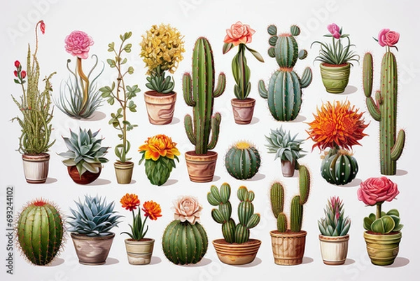 Fototapeta Realistic cactus drawing in a botanical style on a white background. 