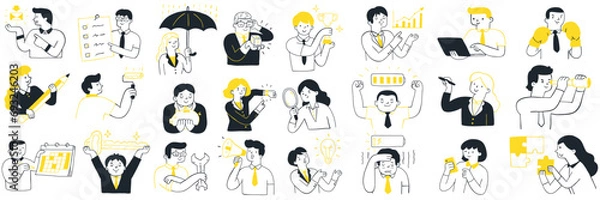 Fototapeta Cute character illustration of businesspeople with various objects and business concept. Outline, linear, thin line art, hand drawn sketch design, simple style.  