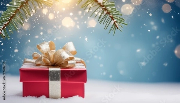 Fototapeta A red box with a bow on top of a snowy surface