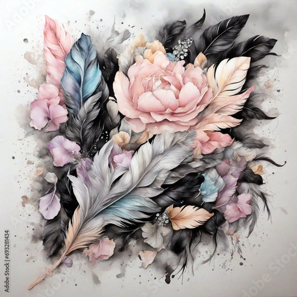 Fototapeta water color painting soft pastel feather and flora