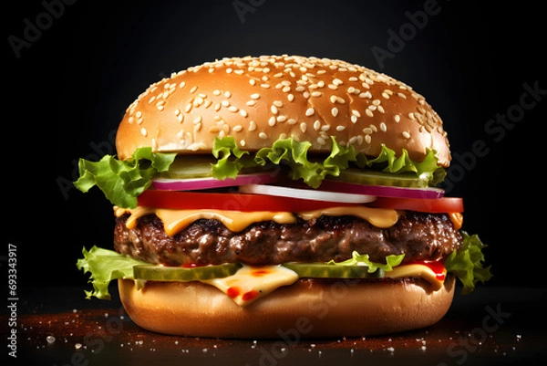 Fototapeta fresh tasty delicious burger with beef patty, lettuce, onions, tomatoes and cucumbers, big fresh hamburger with extra filling on wooden table isolated on dark background with copy space