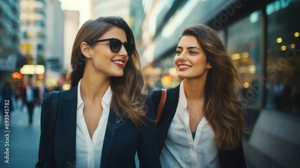 Fototapeta Two businesswomen, wearing black blazers, white T-shirts, and sunglasses, are walking in the city