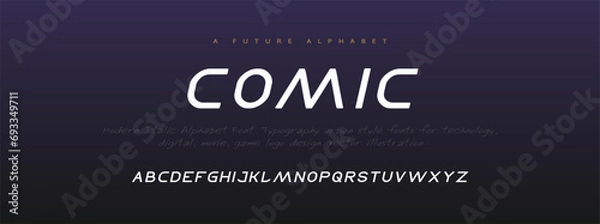 Fototapeta Technology science font, digital cyber alphabet made space future design, Latin lowercase letters A, B, C, D, E, F, G, H, I, J, K, L, M, N, O, P, Q, R, S, T, U, V, W, X, Y, Z and Arab numerals