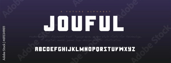 Fototapeta Jouful modern alphabet. Dropped stunning font, type for futuristic logo, headline, creative lettering and maxi typography. Minimal style letters with yellow spot. Vector typographic design
