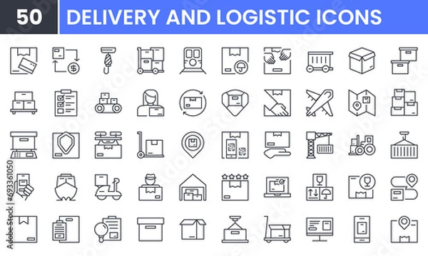 Obraz Delivery and Logistic vector line icon set. Contains linear outline icons like Shipping, Box, Transportation, Warehouse, Freight, Container, Supply Chain, Fulfillment, Route. Editable use and stroke.