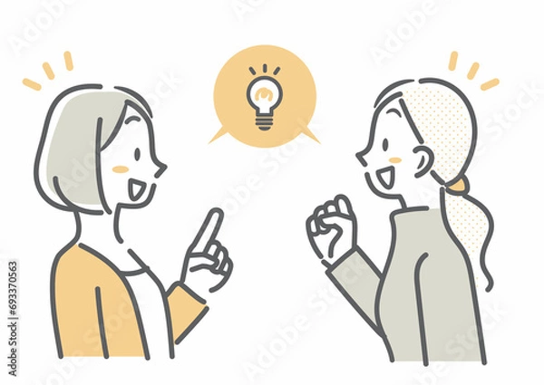 Fototapeta 解決策を思いついて喜ぶ二人の主婦　シンプルでお洒落な線画イラスト　