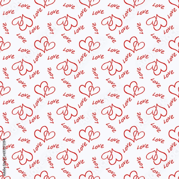 Fototapeta Seamless pattern of contour loving red hearts on a white background, lettering love