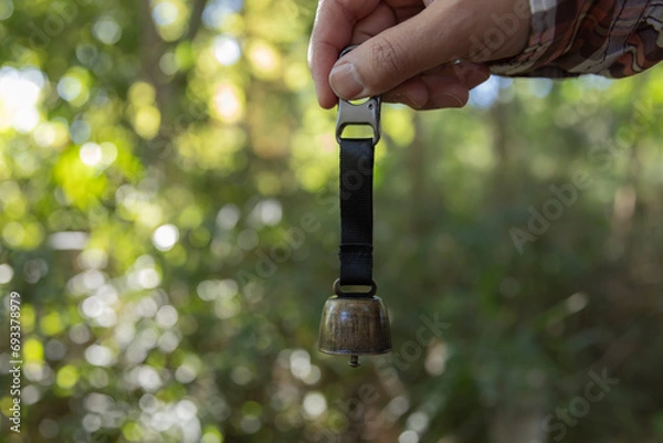 Obraz A bear bell with hand at the green forest in Autumn