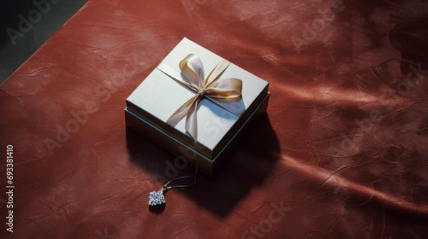 Fototapeta A light gold gift box with a ribbon is placed on a table with a red tablecloth