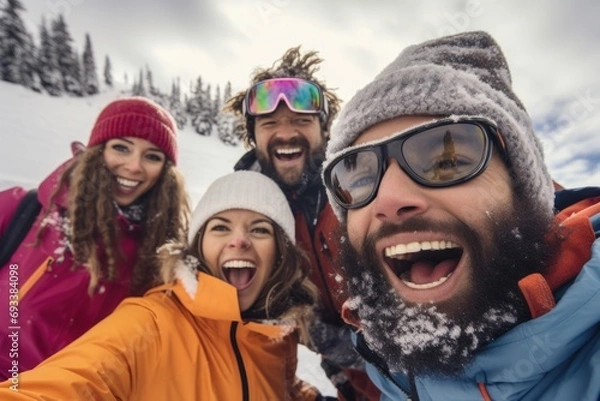 Fototapeta A group of people capturing a moment with a selfie in the snowy outdoors. Suitable for social media, winter activities, and friendship themes
