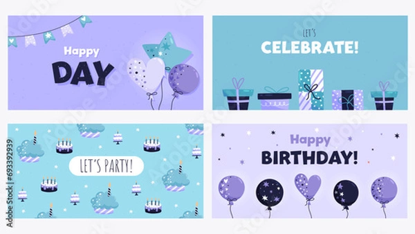 Obraz Set of happy birthday greetings and invitation cards with balloons, cakes and gifts. Vector illustration in cartoon style.