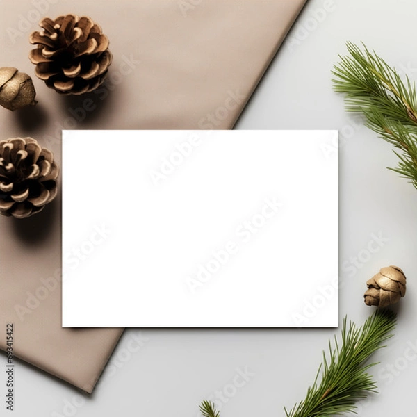 Fototapeta Winter Celebration 5x7 Card Mockup with Pine Branches and Cones Transparent PNG Mockup
