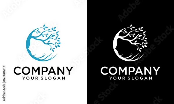 Fototapeta Creative green spring tree with female face and roots on white background, vector, Abstract Human tree logo