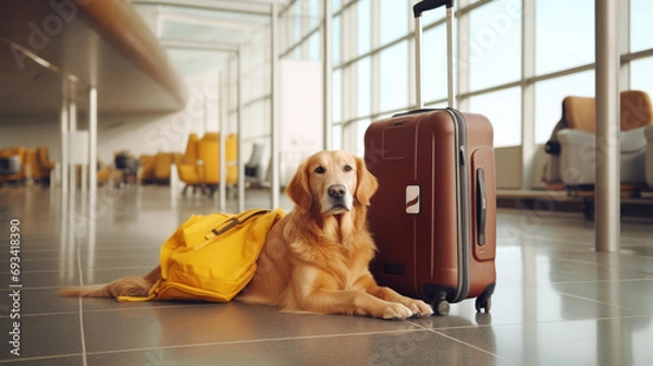 Fototapeta Concept of traveling with pets: a dog retriever sits at the airport or train bus station waiting for the plane next to the suitcases