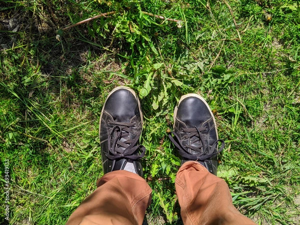 Obraz First person view of a man looking down at the shoes that are standing in the grass in the summer during the daytime.