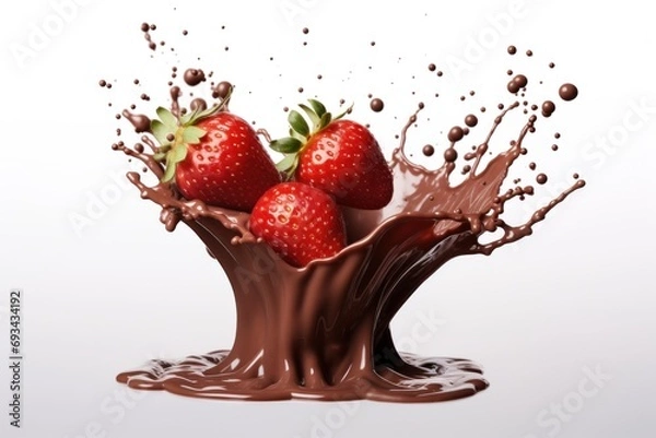 Fototapeta Ripe strawberries fall into chocolate with drop splashes, on white isolated background