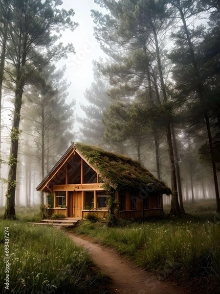 Fototapeta Empty Wooden Organic House in The Misty Forest with Small Road Landscape