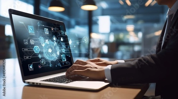 Fototapeta Busy Businessman Engaged with Laptop in Contemporary Office Setting, Virtual Icon Diagram in View