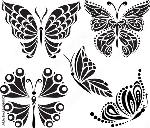 Fototapeta Butterflies silhouette. Drawing of lines and points. Options