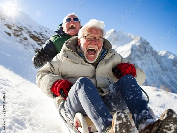Obraz Happy senior couple having fun spending winter vacation in mountains sledding down the slope on a snowy mountain