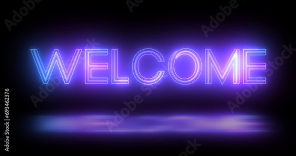 Fototapeta Welcome neon sign board retro style animation in black background. Welcome title greeting motion graphic invitation advertisement glowing trendy message. Welcome outline.