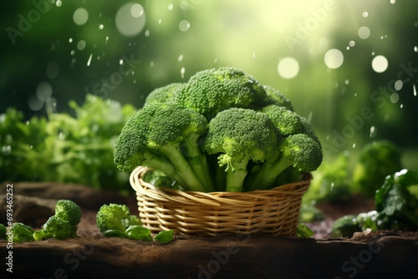 Fototapeta Broccoli in basket on soil with water mist on green background.