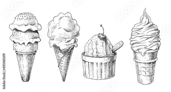 Fototapeta Set of ice cream drawings black and white, like pencil drawing. Vector illustration