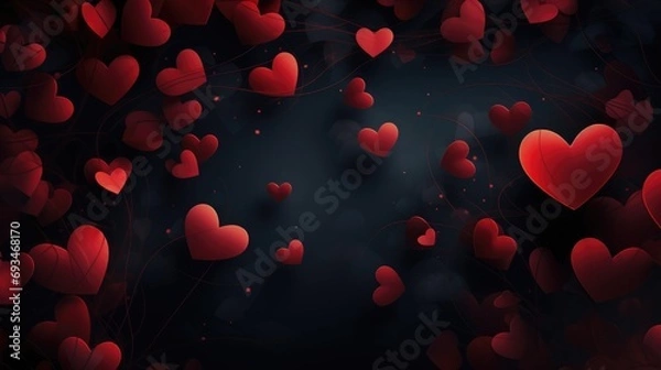 Obraz 
Valentine's day horizontal greeting card with red hearts on a black background. Vector illustration with copy space for text.