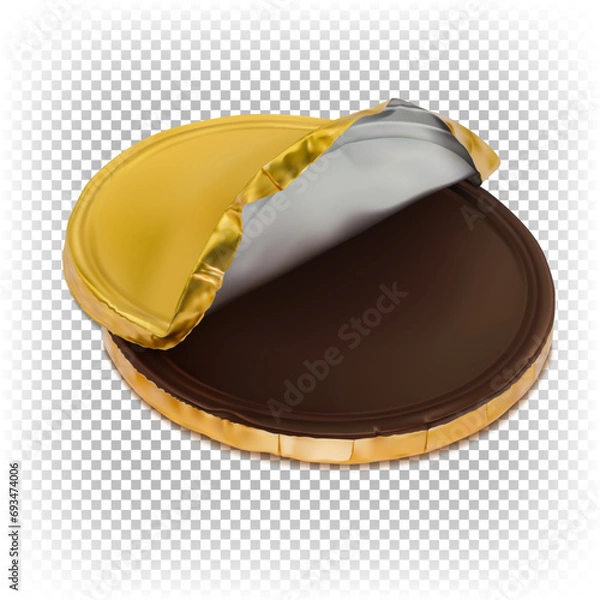Obraz Vector 3d realistic illustration of chocolate coin in gold foil isolated on white background. Sweet dessert, Christmas treat.