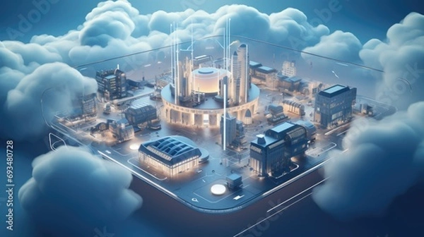 Fototapeta Digital Fortress of Cybersecurity: 3D Graphic with Encrypted Factory Datastreams