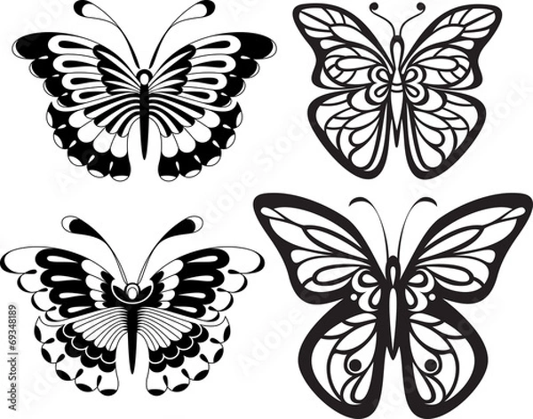 Fototapeta Symmetrical silhouettes butterflies with open wings tracery