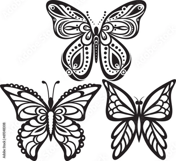 Obraz Symmetrical silhouettes butterflies with open wings tracery