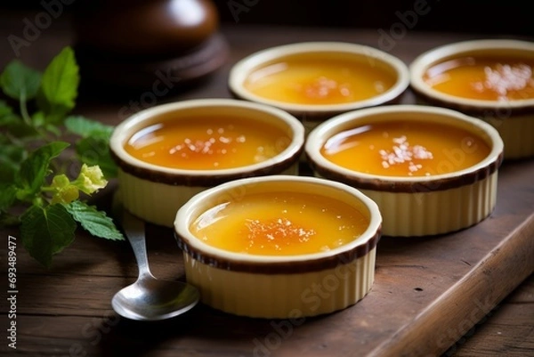 Fototapeta Experience the sweetness of the Philippines with this traditional Leche Flan dessert, beautifully presented on a wooden table