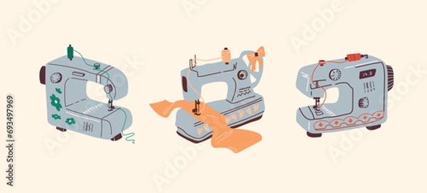 Obraz Vector set of three sewing machines. Cartoon elements for the design of advertising brochures, book illustrations, greeting cards. Theme of hobby and creativity. Scandinavian illustration style.